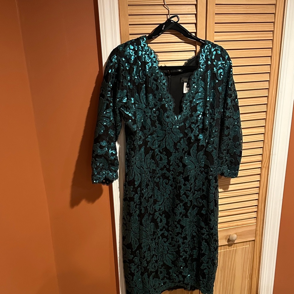 Tadashi Shoji Black and Teal Sequin Dress